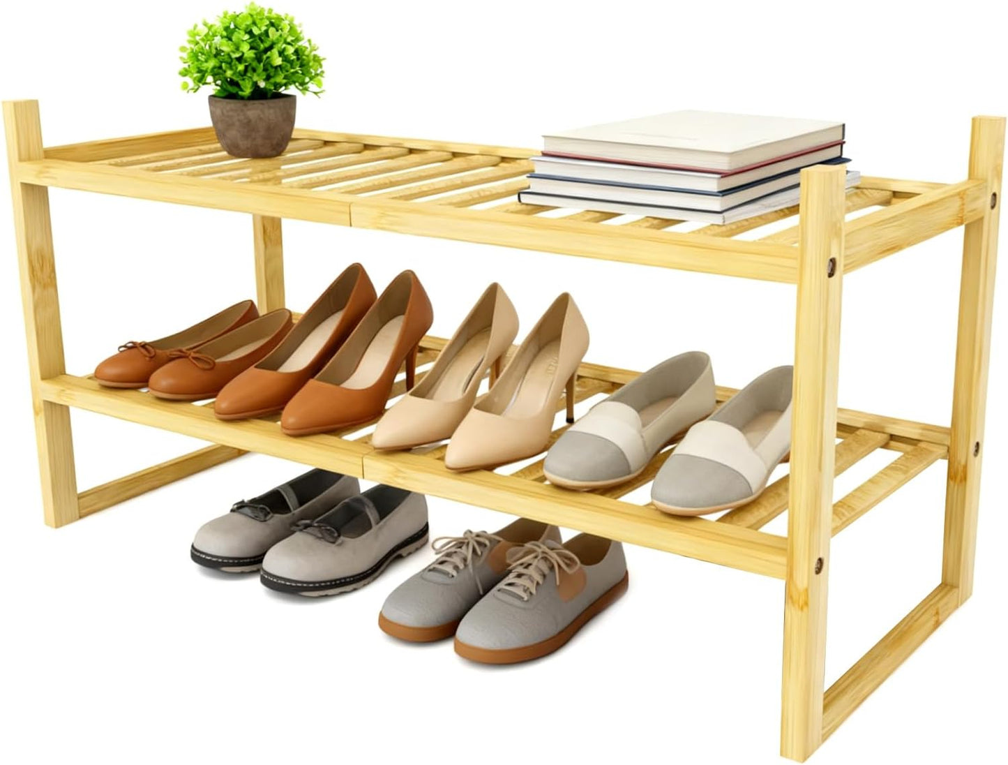 4 Tier Bamboo Wooden Shoe Rack for Closet & Entryway, Free Standing Shoe Rack Stand Organizer Shelf for Garage, Bedroom, Small Space Storage, Stackable
