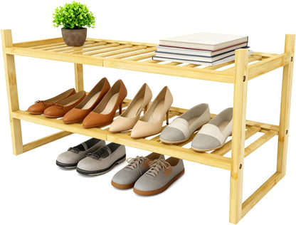 4 Tier Bamboo Wooden Shoe Rack for Closet & Entryway, Free Standing Shoe Rack Stand Organizer Shelf for Garage, Bedroom, Small Space Storage, Stackable