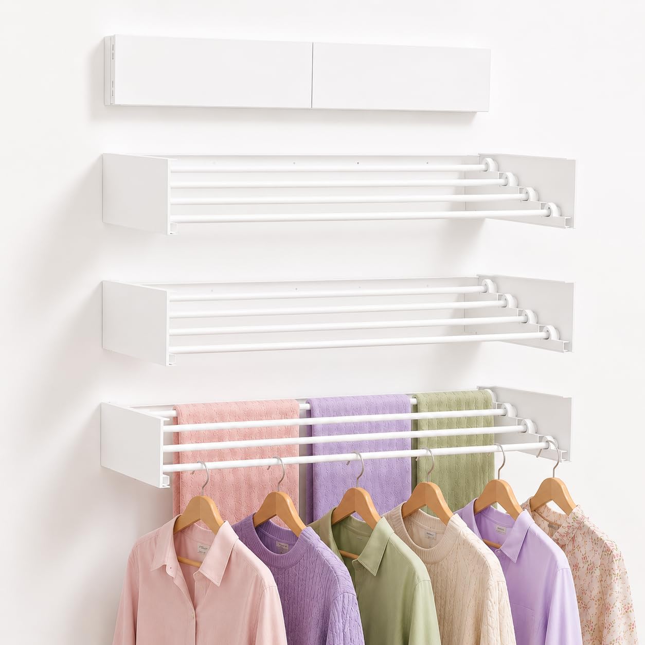 2 Pack Wall Mounted Drying Rack 23.6", Premium Carbon Steel Foldable Wall Mounted Drying Rack with 5 Rods, Wall Drying Rack Apartment, Bathroom, Indoor Outdoor Balcony, White