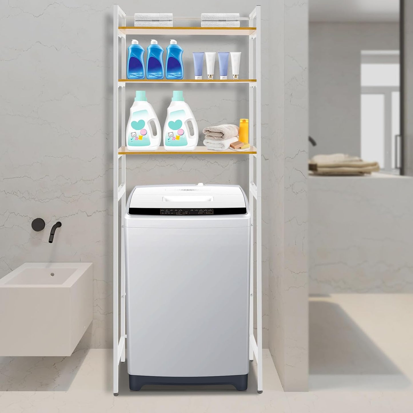 Over Washer and Dryer Storage Shelves, 3-Tier Freestanding Washing Machine Storage Rack with Adjustable Shelf for Laundry Room Bathroom Garage, W27.2*D11.8*H71.3in (White)