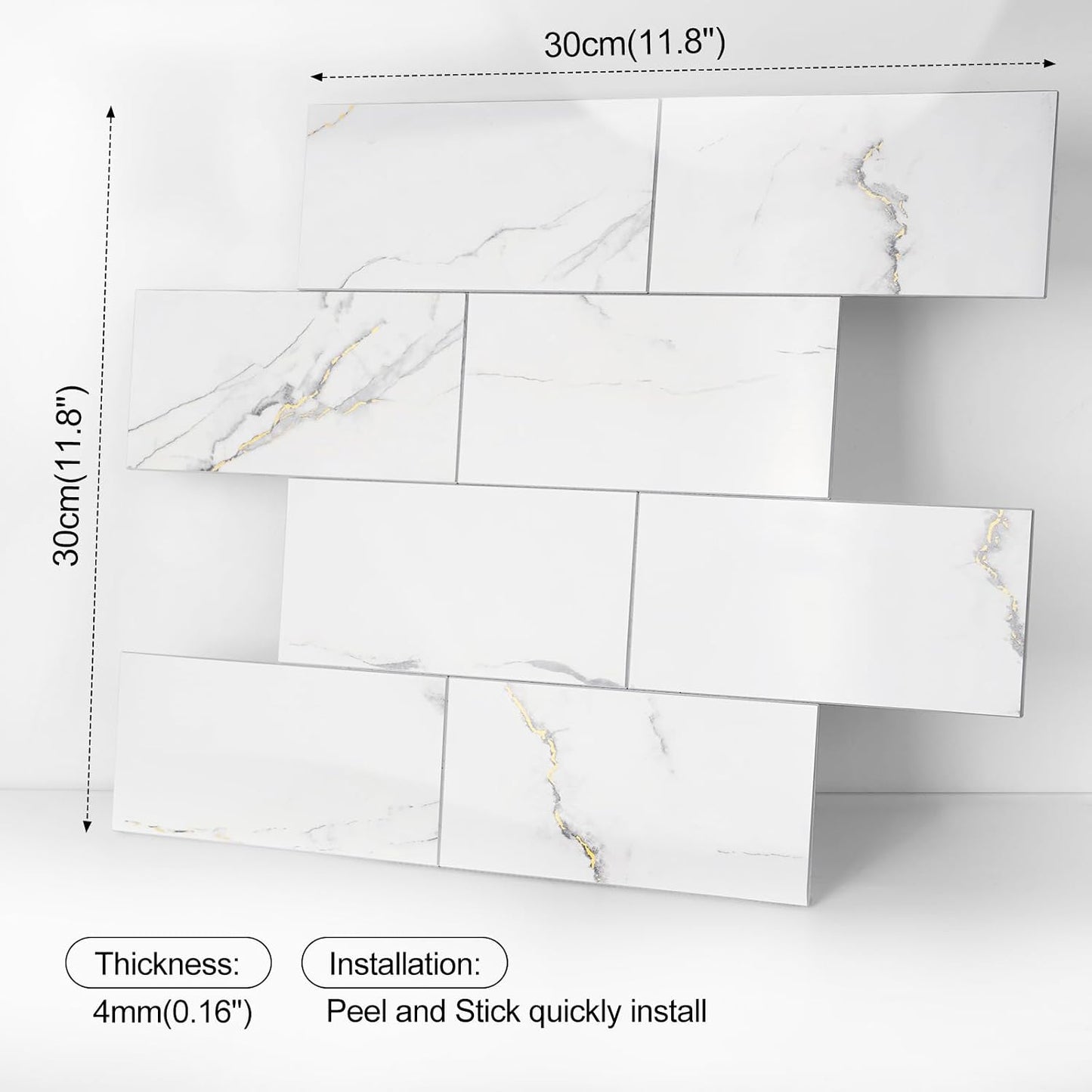 10- Sheet Polished White Peel and Stick Backsplash, 12’’Luxury PVC Ceramic Look Self Stick Subway Tiles, Waterproof Peel and Stick Wall Tiles for Kitchen and Bathrrom