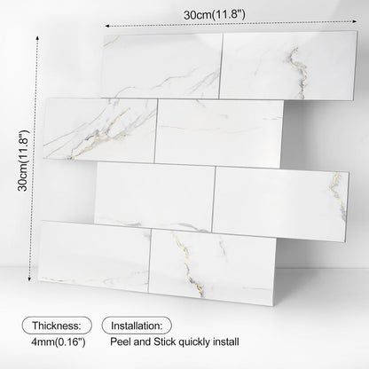 10- Sheet Polished White Peel and Stick Backsplash, 12’’Luxury PVC Ceramic Look Self Stick Subway Tiles, Waterproof Peel and Stick Wall Tiles for Kitchen and Bathrrom