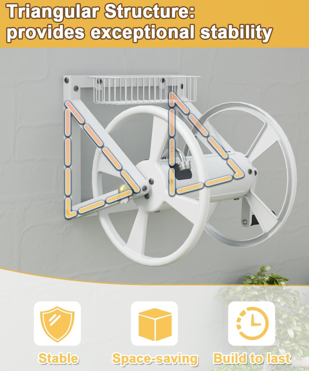 Artigarden Triangle Wall Mounted Garden Hose Reel, Outdoor Heavy-Duty Water Hoses Holder Winder, Holds 125 Ft of 5/8-Inch Hose, with 3.9 ft Leader Hose, Brass Fitting, Storage Basket for Yard, Black