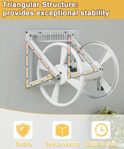 Artigarden Triangle Wall Mounted Garden Hose Reel, Outdoor Heavy-Duty Water Hoses Holder Winder, Holds 125 Ft of 5/8-Inch Hose, with 3.9 ft Leader Hose, Brass Fitting, Storage Basket for Yard, Black