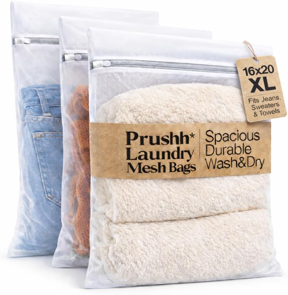 3Pc Spacious Durable Mesh Laundry Bags (16x20 Inches) Protects Delicates, Fine Mesh for Uniform Wash & Dry, Auto-Lock Zipper, Washer-Friendly, For Home, Dorm or Storage, Fits Socks to Sweaters