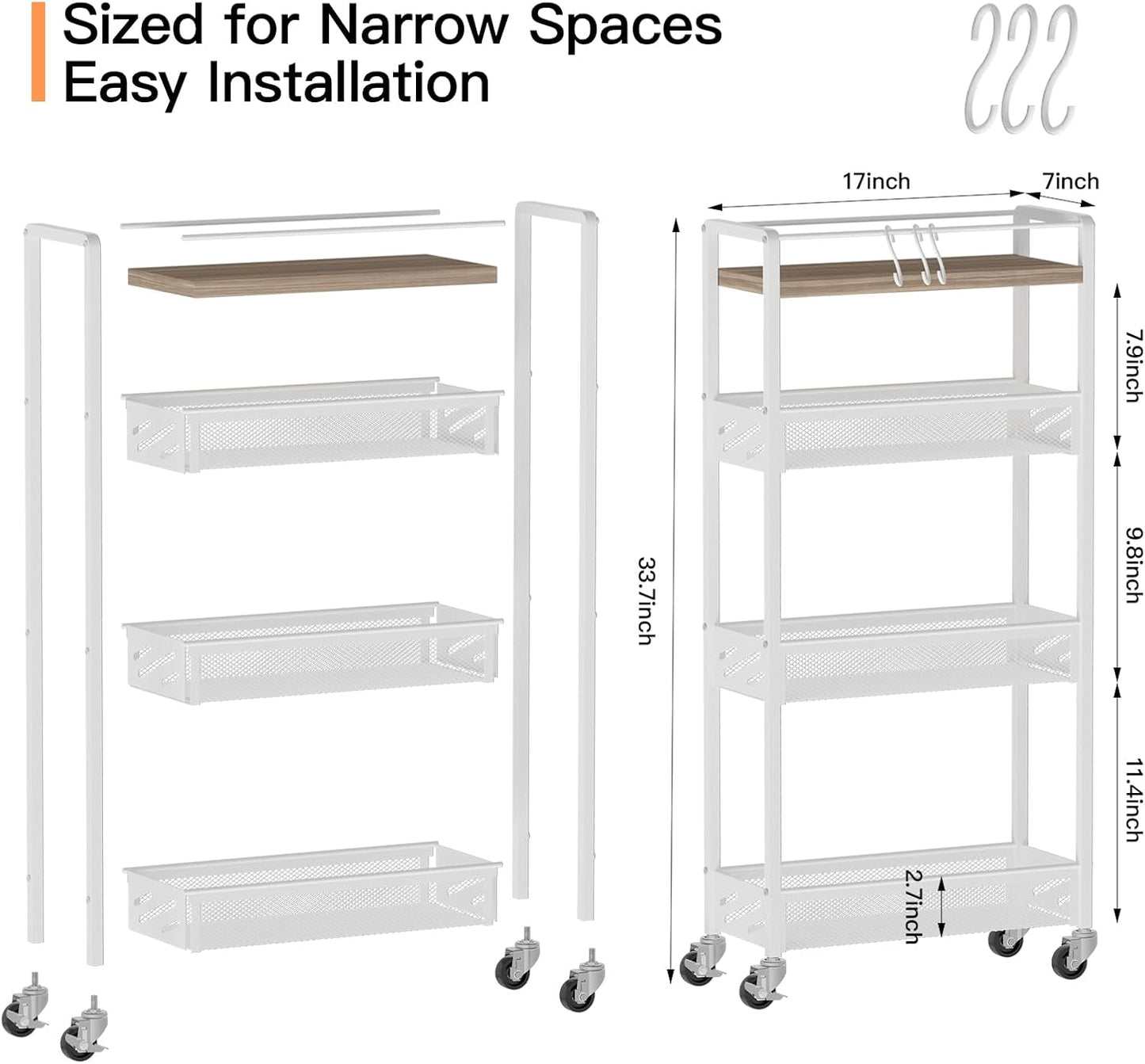 DGSNADGO Slim Rolling Storage Cart, 4-Tier Kitchen Cart on Wheels, Narrow Utility Cart with Handle and Wooden Tabletop for Small Space in Kitchen, Living Room, Bathroom, Laundry Room, Beige and White