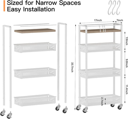 DGSNADGO Slim Rolling Storage Cart, 4-Tier Kitchen Cart on Wheels, Narrow Utility Cart with Handle and Wooden Tabletop for Small Space in Kitchen, Living Room, Bathroom, Laundry Room, Beige and White