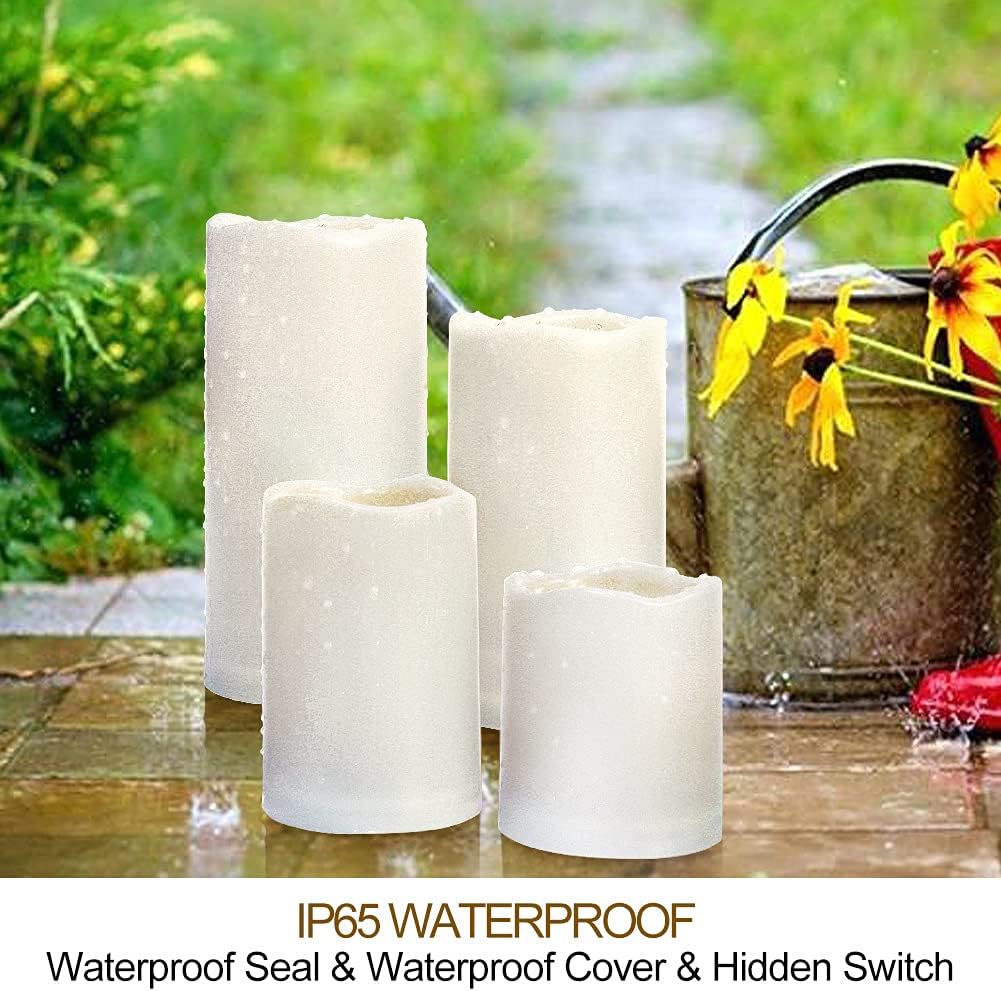 Set of 4 White Outdoor LED Pillar Candles 3x4 3x5 3x6 3x7 with Timer and Remote - IP65 Waterproof Battery Operated LED Pillar Candles - Flickering Flameless Pillar Candles Unscented Outside