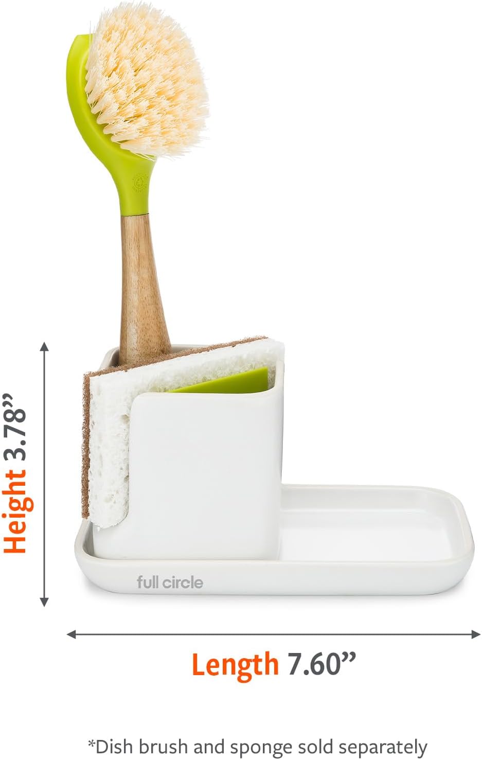 Full Circle Stash, Ceramic Kitchen Sink Caddy, Stylish Sponge Holder & Dish Brush Organizer, Easy to Clean, Dishwasher Safe, Rustproof, White and Gray, 11"