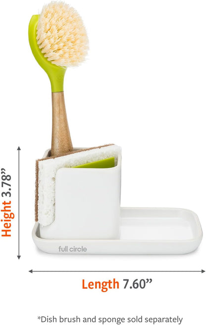 Full Circle Stash, Ceramic Kitchen Sink Caddy, Stylish Sponge Holder & Dish Brush Organizer, Easy to Clean, Dishwasher Safe, Rustproof, White and Gray, 11"
