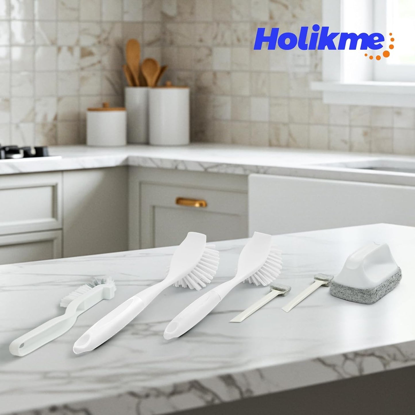 Holikme 6 Pack Dish Brush with Handle Kitchen Cleaning Brush Set for Pot, Pan, Kitchen Sink (Green)