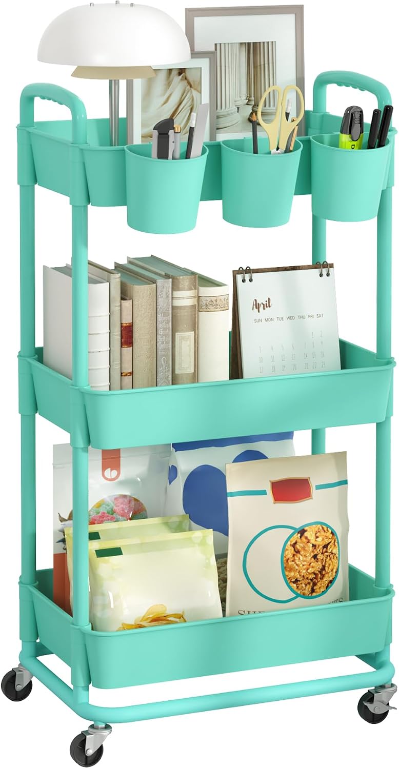JIUYOTREE 4-Tier Plastic Rolling Storage Cart Utility Cart with Extra Hanging Cups Handles Lockable Wheels for Living Room Bathroom Kitchen Office White