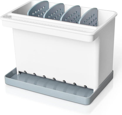 JOMOLA Kitchen Sink Organizer Dish Brush Sponge Holder Caddy Toothbrush Holders for Bathrooms Sinkware Kitchen Utensil Holder Sink Caddy Organizer with 4 Separate Dividers Removable Drain Tray (Grey)