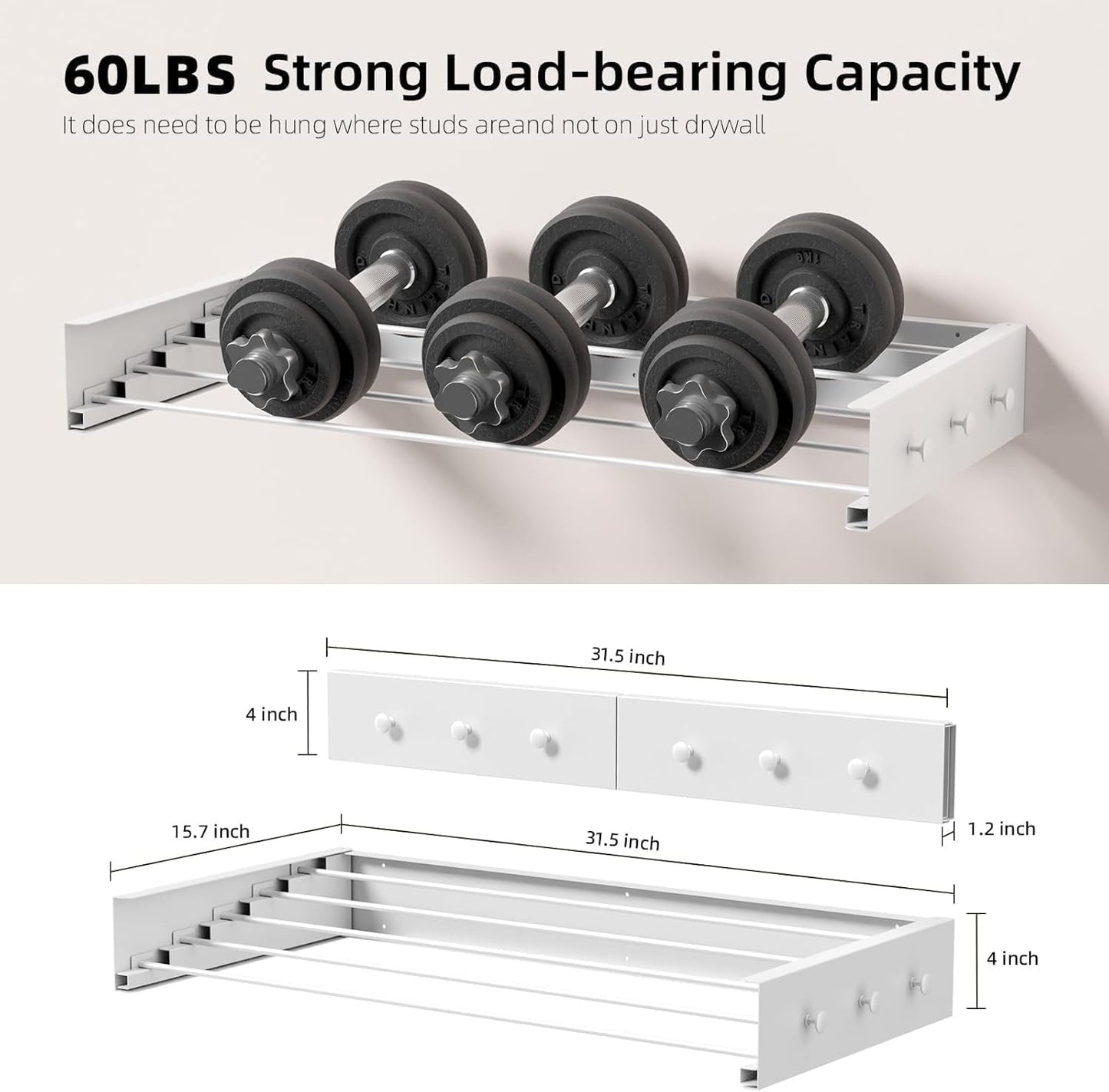 Wall Mounted Clothes Drying Rack - 31.5" Foldable Clothes Drying Rack Wall Mount, 5 Steel Rods With Knobs, Retractable Space-Saving Laundry Rack, Heavy Duty 60 lbs Capacity (Wall Template Included)
