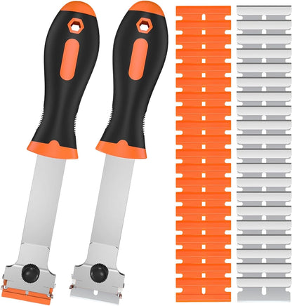 2 Pack Razor Blade Scraper Tool with 20 Metal & 20 Plastic Razor Blades, Multi-Purpose Long Handle Heavy Duty Scraper Tool for Cleaning Cooktop, Oven, Floor, Paint, Tile, and Window Glass