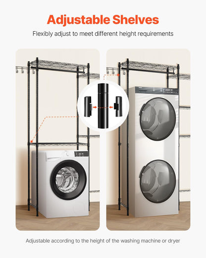 VEVOR Over Washer and Dryer Storage Shelves, 6 Tiers Laundry Room Drying Rack with Hanger Rod and Hooks, Two Rows Adjustable Washer Shelves Space Saver, for Laundry Room Storage & Organization, Black