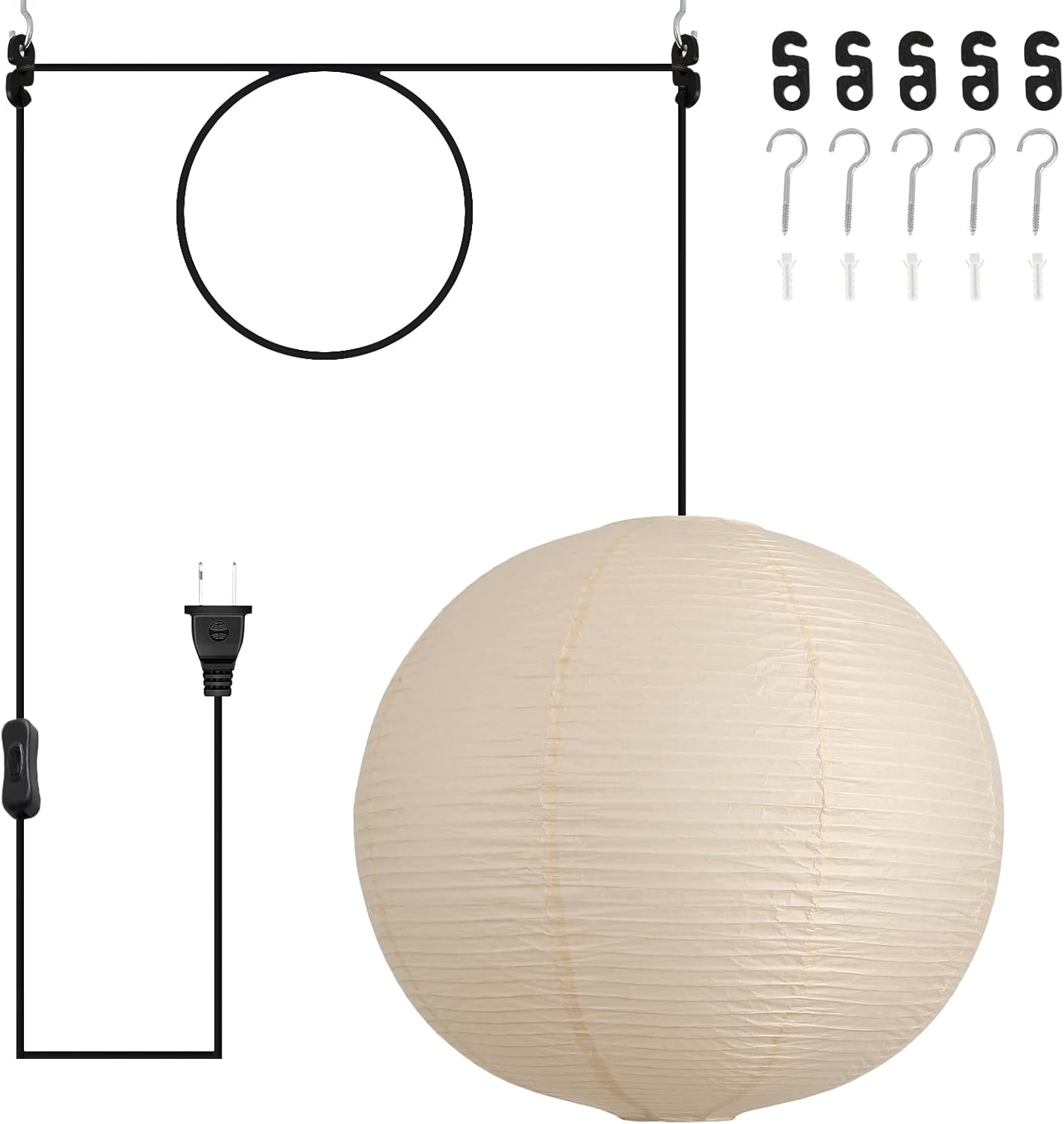 Paper Lantern Lamp Plug in Hanging Lamp 23.6in Off-White Rice Paper Pendant Light with 19.7FT Cord Large Globe Japanese Japandi Wabi Sabi Chandelier for Dining Living Room Bedroom 1 Pack