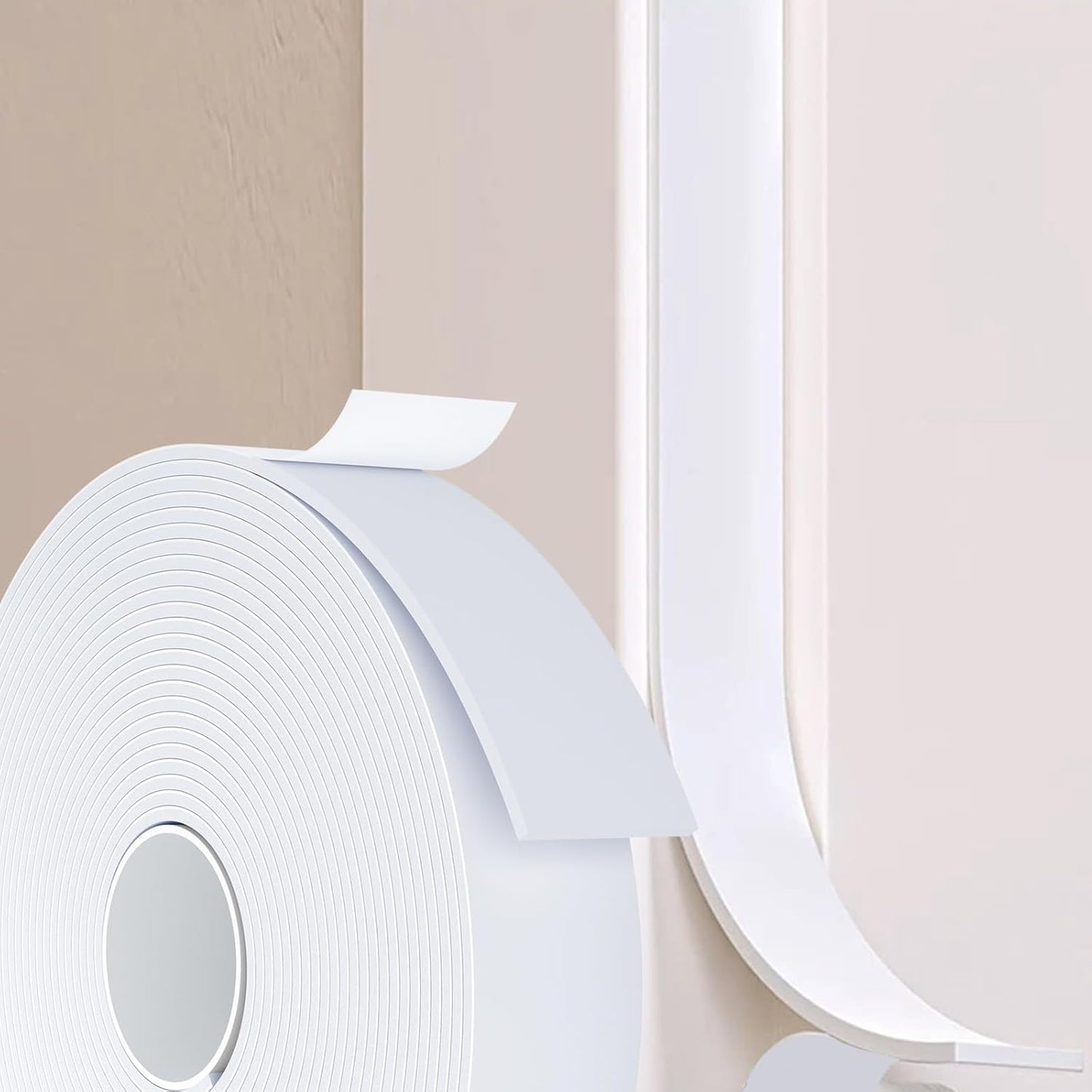 Weather Stripping Door Seal White,1/2Inch Wide X 1/4 Inch Thick,Air Conditioner Window Seal,Self Adhesive Foam Tape High Density Foam Sealing Strip,Soundproof Foam Tape Roll,Total 16.4 Feet Long