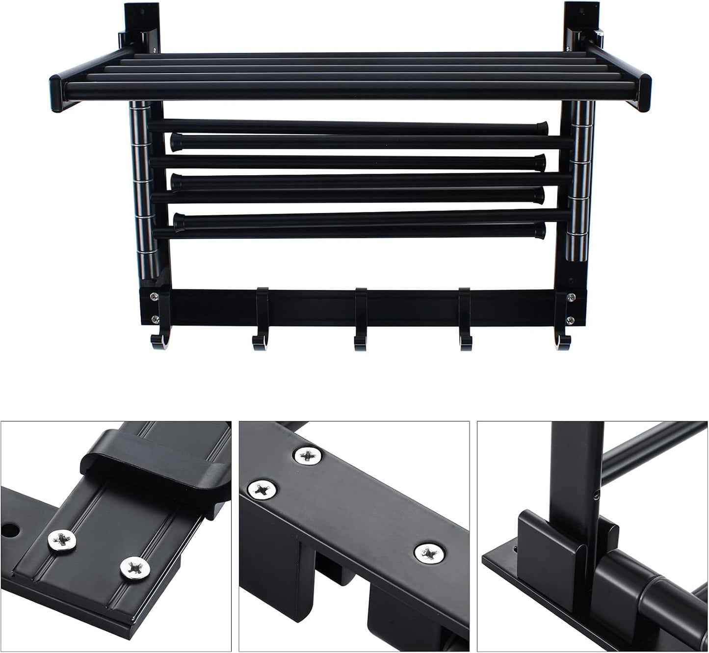 Laundry Clothes Drying Rack, Wall Mounted Swivel Towel Rack with Hooks and Swing Arms, Space Saver in Laundry Room and Bathroom, Space Aluminum