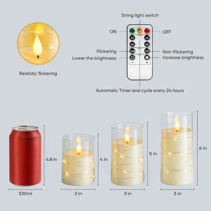 Amagic Red Flameless Candles 3 Set, Flickering Battery Operated Candles Embedded Fairy String Light, Realistic Pillar Candle with Remote Control and Timer, Acrylic, D3 x H4 5" 6"