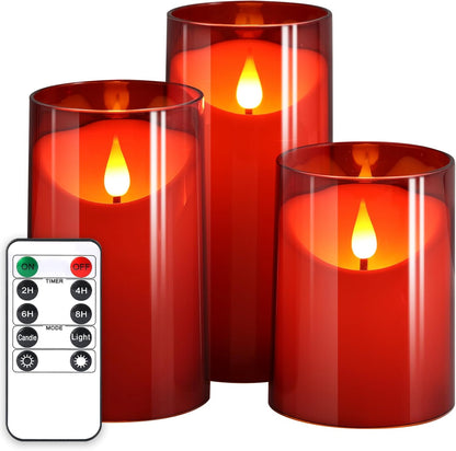 NURADA Flameless Candles with Remote Timer - Glass Real Wax 3D Wick LED Pillar Votive Candle Set Battery Operated Flickering Light for Home Christmas Decoration - White 3 Pack