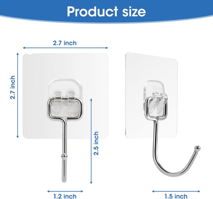 Large Adhesive Hooks for Hanging Heavy Duty 60Ib(Max) 8 Packs, Waterproof & Rustproof Wall Hangers Without Nails for Kitchen, Bathroom, Home, Office, Coat, Towel, Plant, Transparent