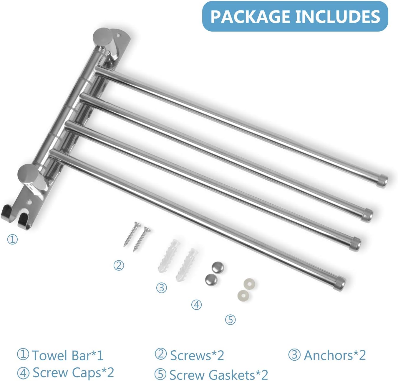 Towel Rack Wall Mounted JSVER Bathroom Towel Rack, Space Saving Towel Holder, 13.4 Inches Swivel SUS304 Stainless Steel Towel Bar, 180° Rotation 6 Arms Towel Racks for Bathroom