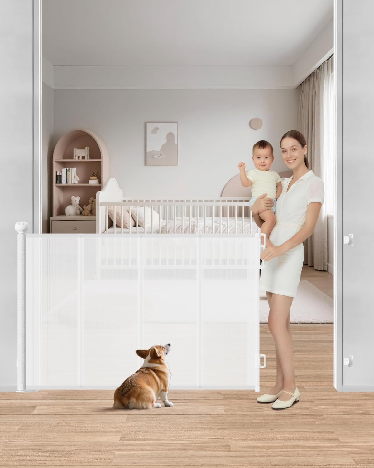 Retractable Baby Gate, 55" Wide Reinforced Mesh Baby Gate with 4 Fiberglass Support Rods for a Tighter Fit, 34" Tall Retractable Dog Gate for Stairways, Hallways and Doorways, Black