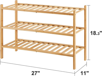 viewcare 3-Tier Black Bamboo Shoe Rack for Entryway, Stackable | Foldable | Natural, Shoe Shelf Storage Organizer for Hallway Closet, Free Standing Shoe Racks for Indoor Outdoor