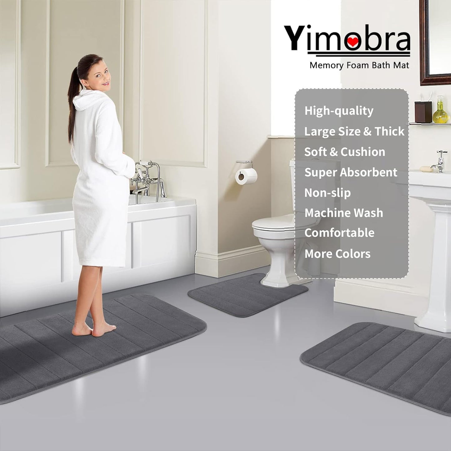 Yimobra Memory Foam Bath Mat, Super Soft Absorbent Bathroom Rug Non Slip, Quick Dry, Machine Washable Floor Carpet for Tub Shower, Home Decor Accessories, 24x17, Grey
