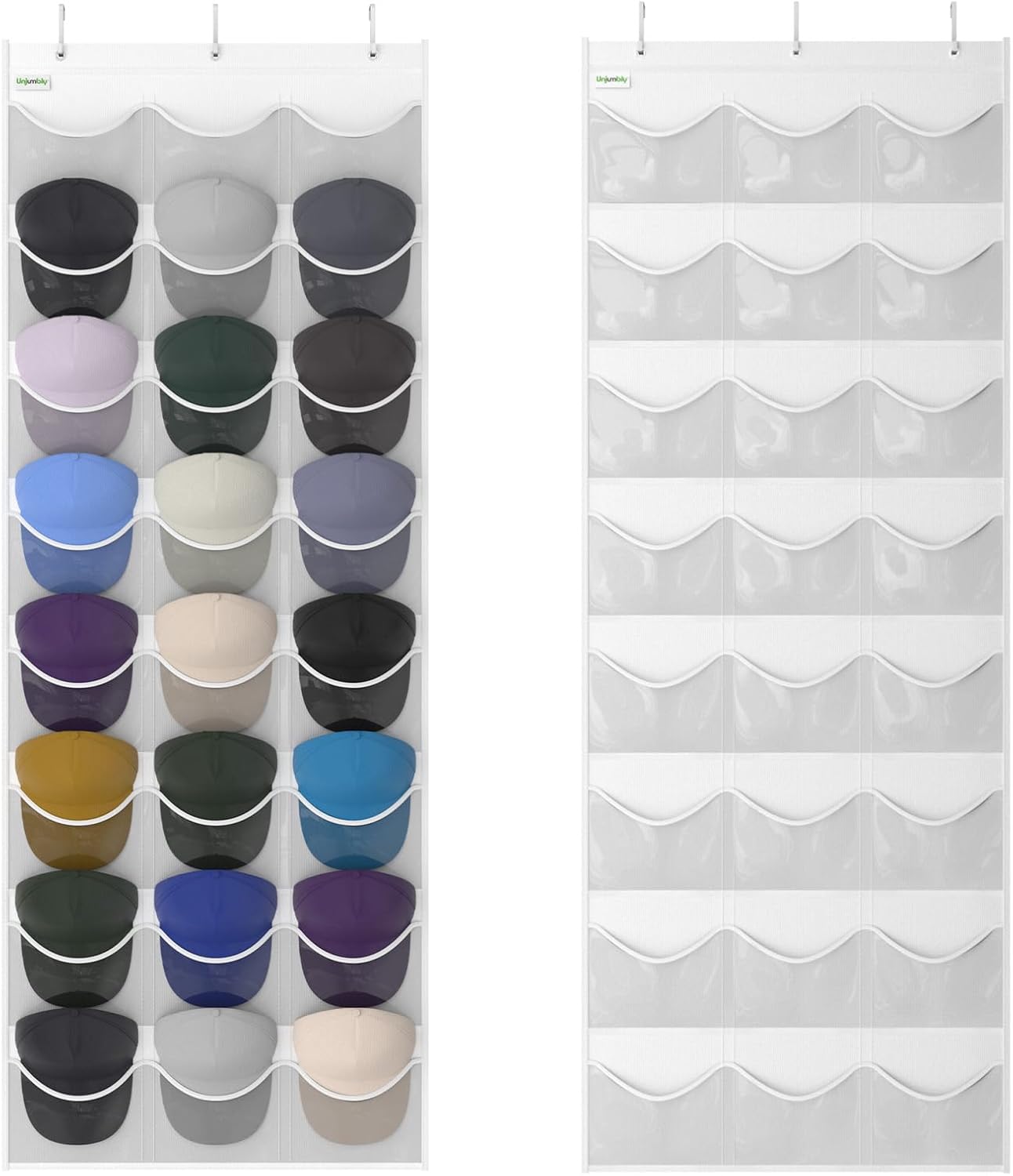 Baseball Hat Rack, 24 Pocket Over-The-Door Hat Organizer with Clear Deep Pockets to Display Baseball Caps Collection, Complete with 3 Over Door Hooks (Black, 24 Pockets)