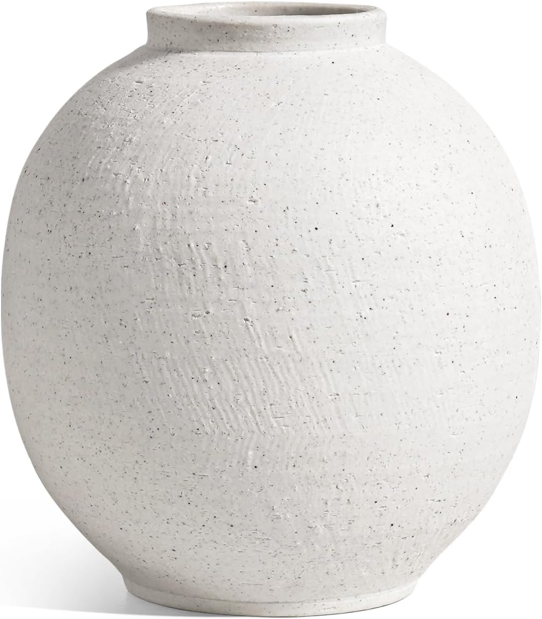 Small Boho Vase for Decor,Rustic Farmhouse Vase for Pampas Grass,Eucalyptus Set and Tiny Stem Flowers,Ceramic for Centerpieces, 5.3 Inch,Wave-Arctic White