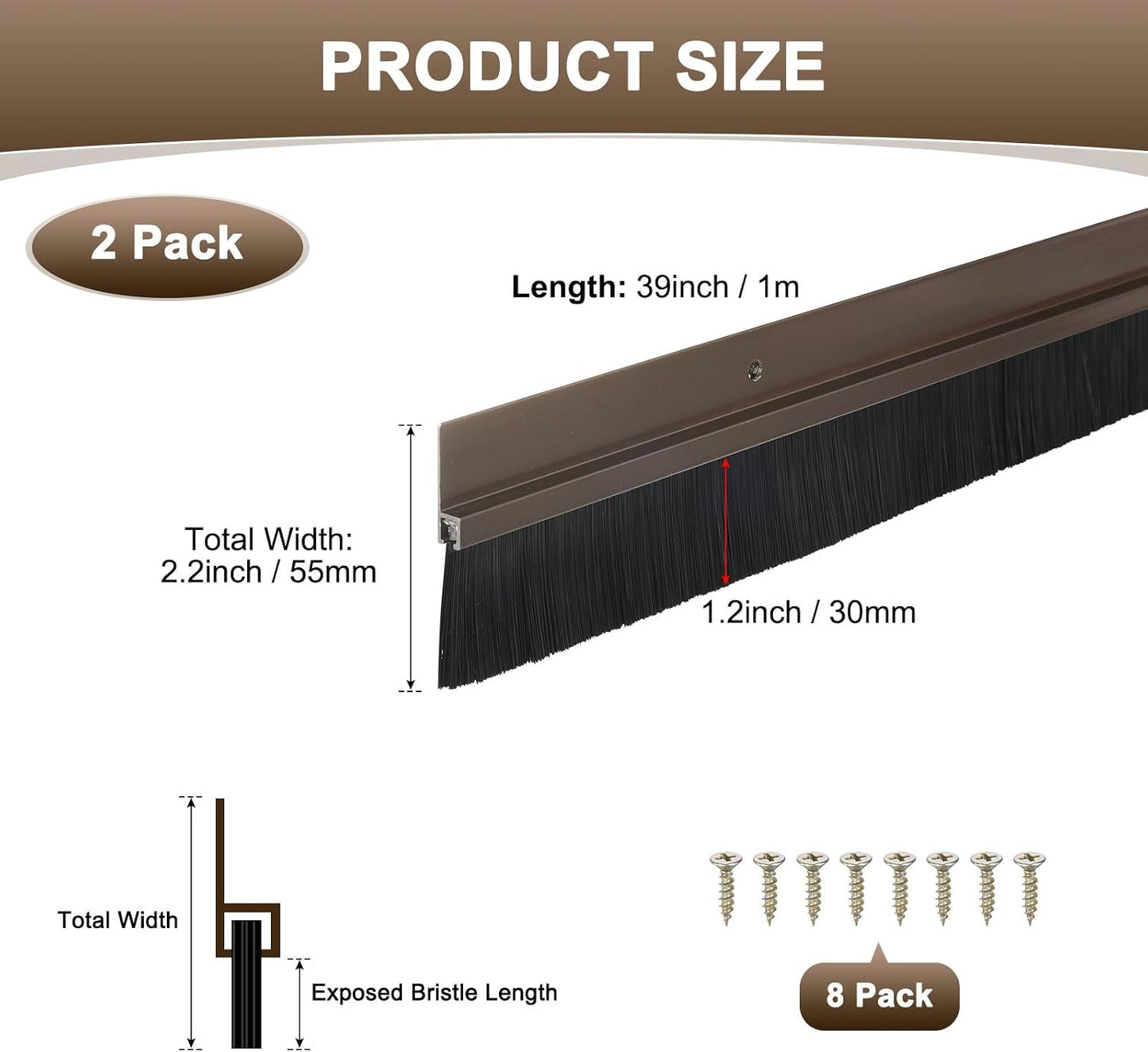 M METERXITY 2Pack Door Sweep - 39" Door Bottom Brush Heavy Duty Seal Draft Stopper Aluminum Base with 50mm Brush, Adhesive/Screw Installation for Interior/Exterior/Garage/Sliding Doors, Black