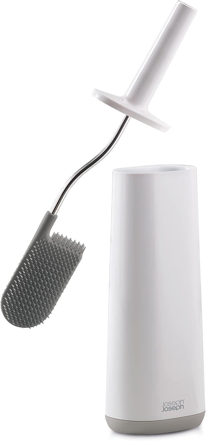 Joseph Joseph Flex Hygienic Silicone Toilet Brush with Slim Holder Set, Flexible Anti-drip, Anti-Clog Deep Clean Head - Gray/White