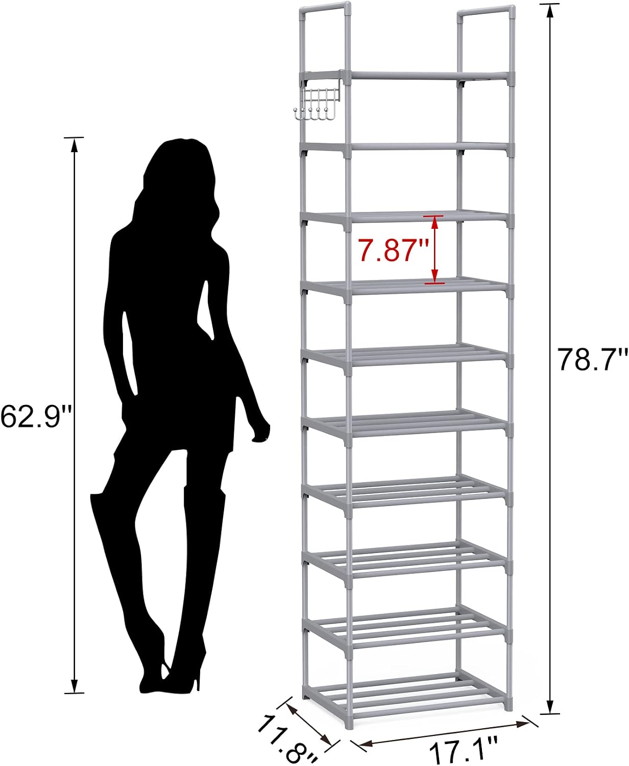 Narrow Shoe Rack 10 Tiers Tall Shoe Rack for Entryway Closet 20 24 Pairs Shoe & Boots Organizer Storage Shelf Durable Black Metal Stackable Shoe Cabinet with Hooks, 17.1D x 11.8W x 78.7H in