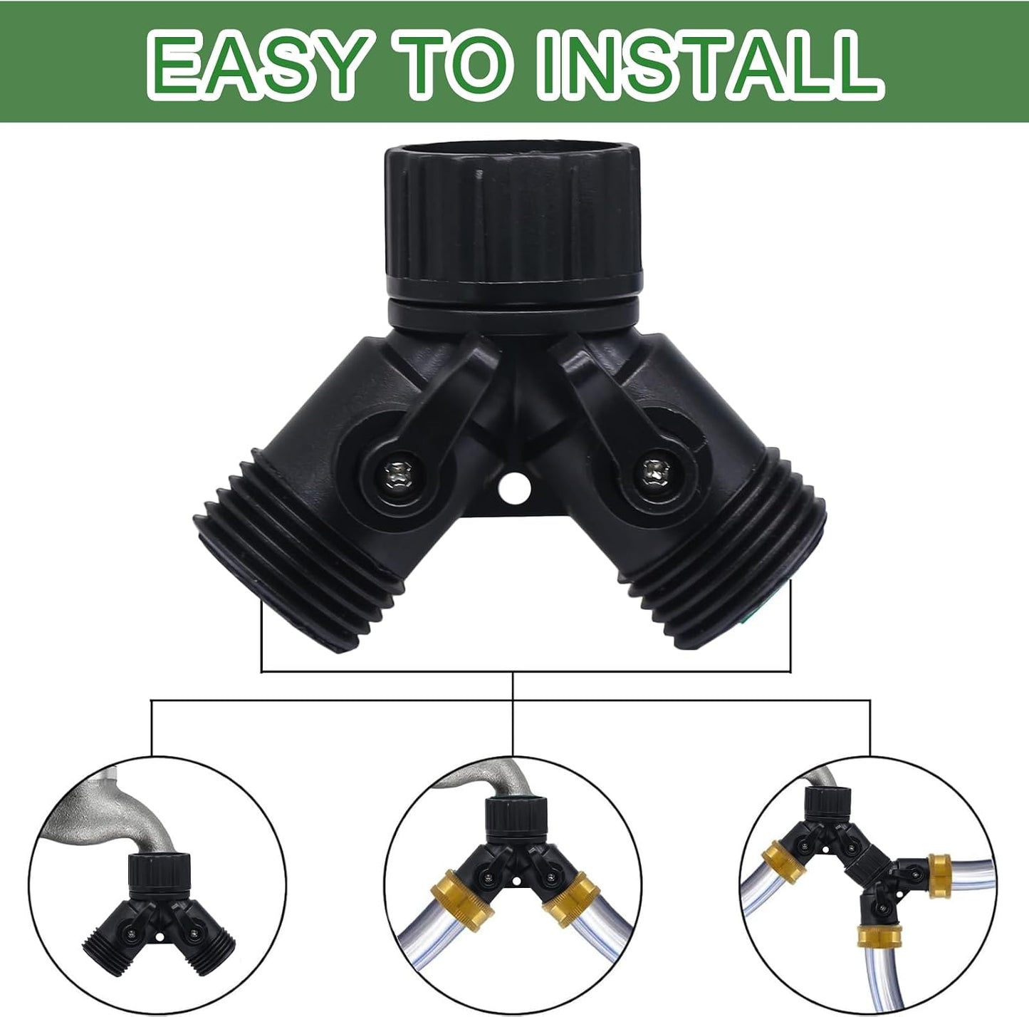 2 Way Y Splitter for 3/4" Garden Hose, Black, 2 Pcs | Plastic Hose Connectors, Faucet Watering Shut Off Valves, For Irrigation