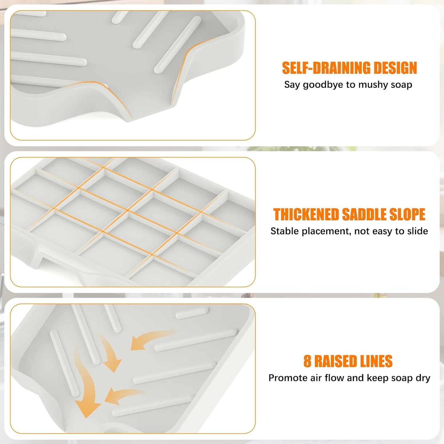 2 Pack Silicone Soap Dish, Self Draining Soap Dish, Non Slip Bar Soap and Sponge Holder for Bathroom Kitchen Sink Counter Organizer Easy to Clean Soap Tray Waterfall Soap Saver