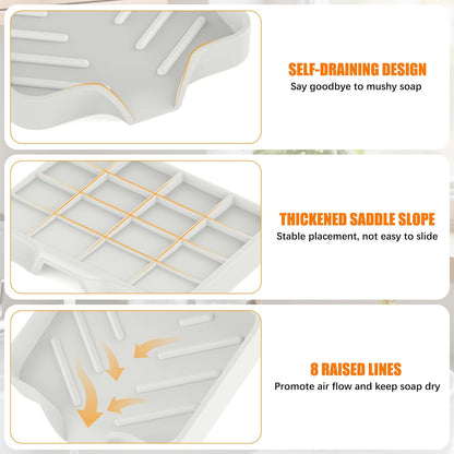 2 Pack Silicone Soap Dish, Self Draining Soap Dish, Non Slip Bar Soap and Sponge Holder for Bathroom Kitchen Sink Counter Organizer Easy to Clean Soap Tray Waterfall Soap Saver