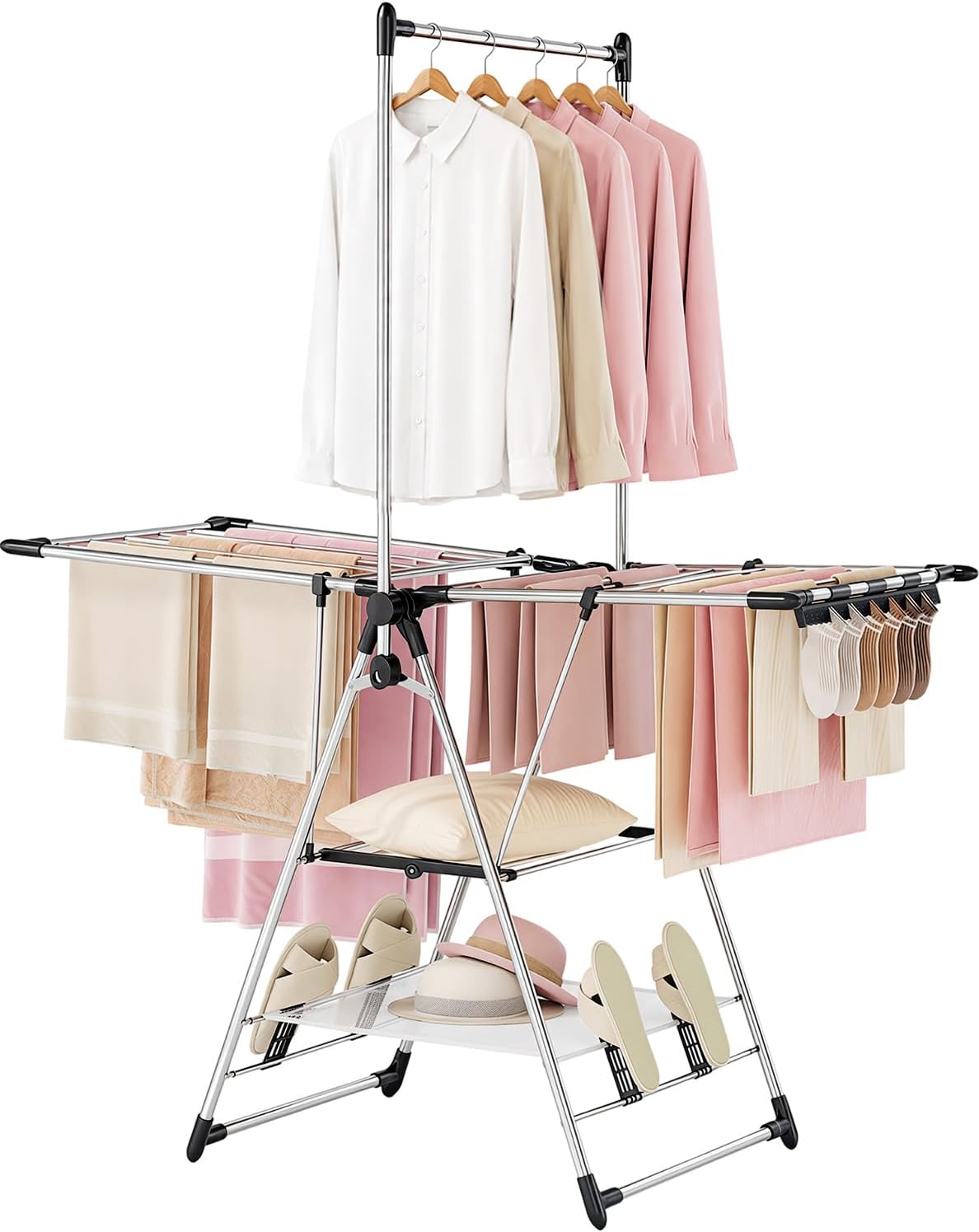 APEXCHASER Clothes Drying Rack with High Hanger, Foldable 3-Level Drying Racks with Shoe Rack, Crossbar and Vertical Rod Laundry Stand with Adjustable Wings Silver