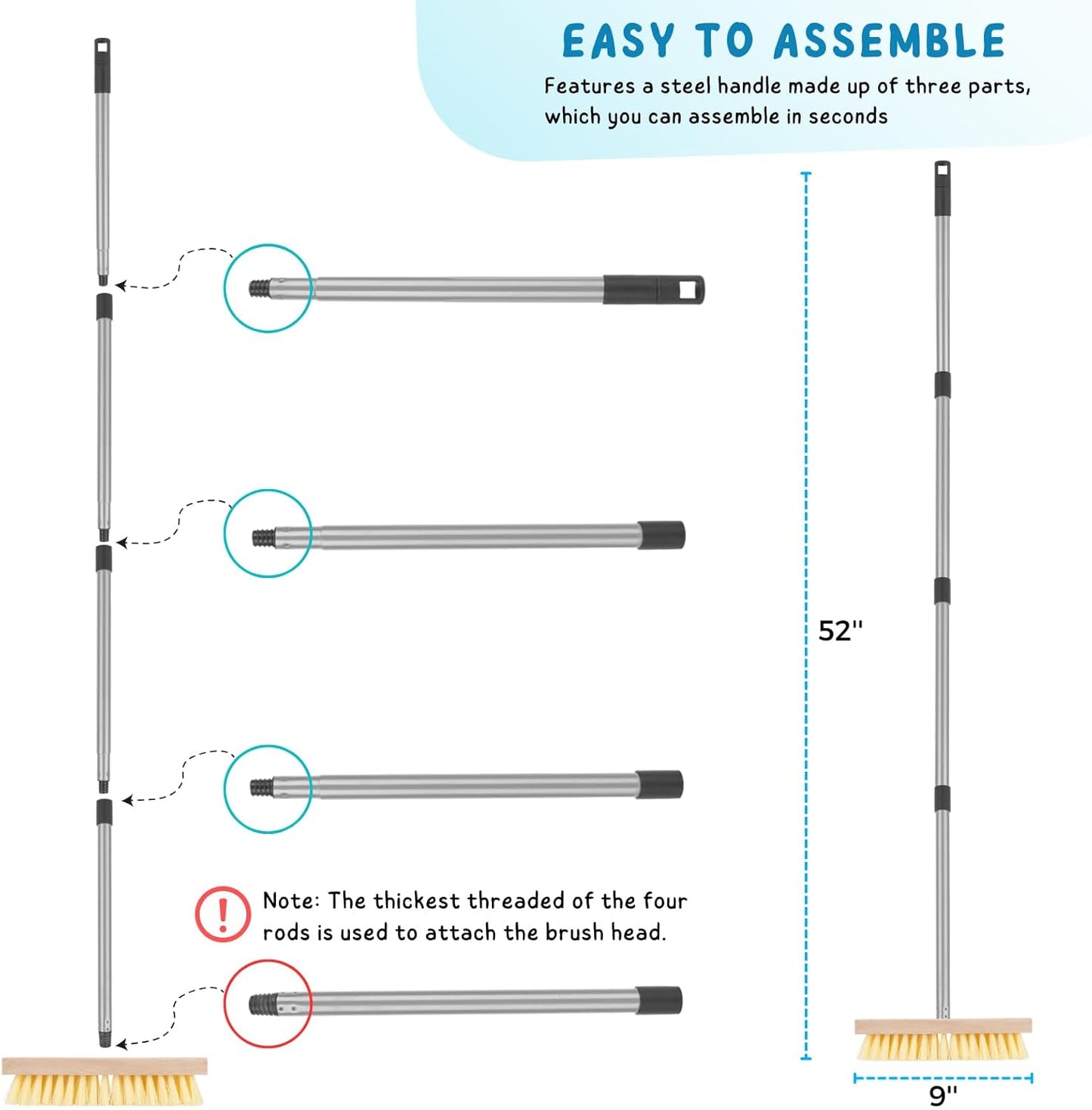 Floor Scrubber Brush with Long Handle for Deck Cleaning, 52'' Stiff Bristle Scrub Broom for Shower, Bathroom, Boat, Concrete, Carpet, Garage
