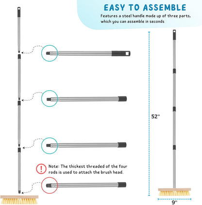Floor Scrubber Brush with Long Handle for Deck Cleaning, 52'' Stiff Bristle Scrub Broom for Shower, Bathroom, Boat, Concrete, Carpet, Garage