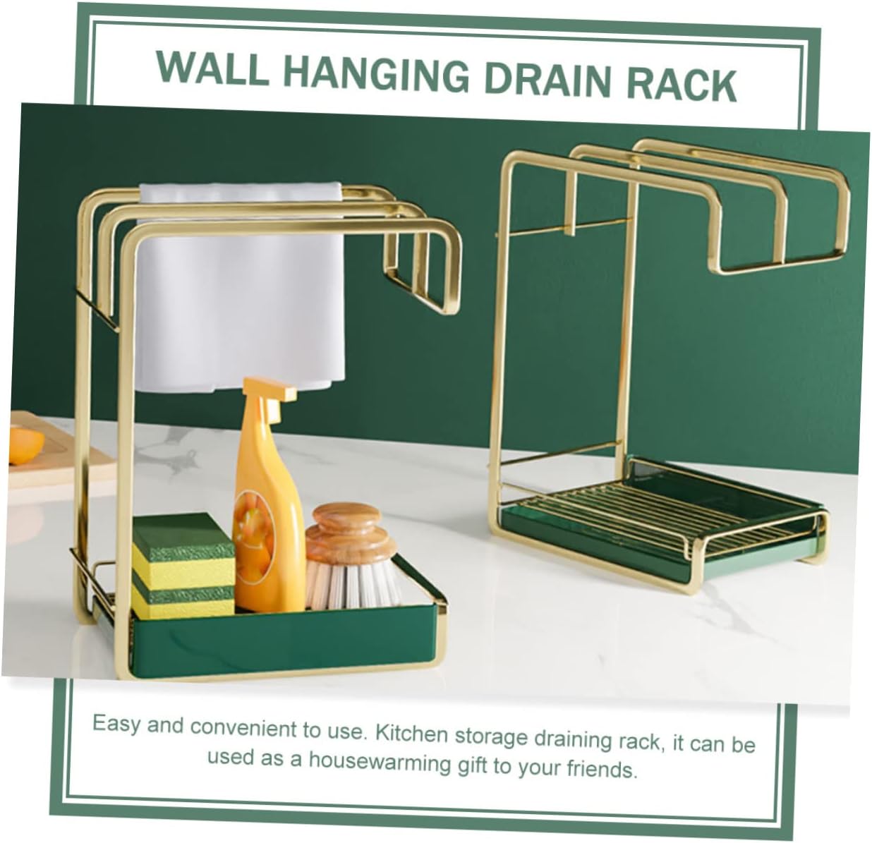 Hemobllo Wall Mounted Kitchen Drain Rack Gold Sponge Holder Compact Duster Cloth Storage Organizer Lightweight Cleaning Tool Stand