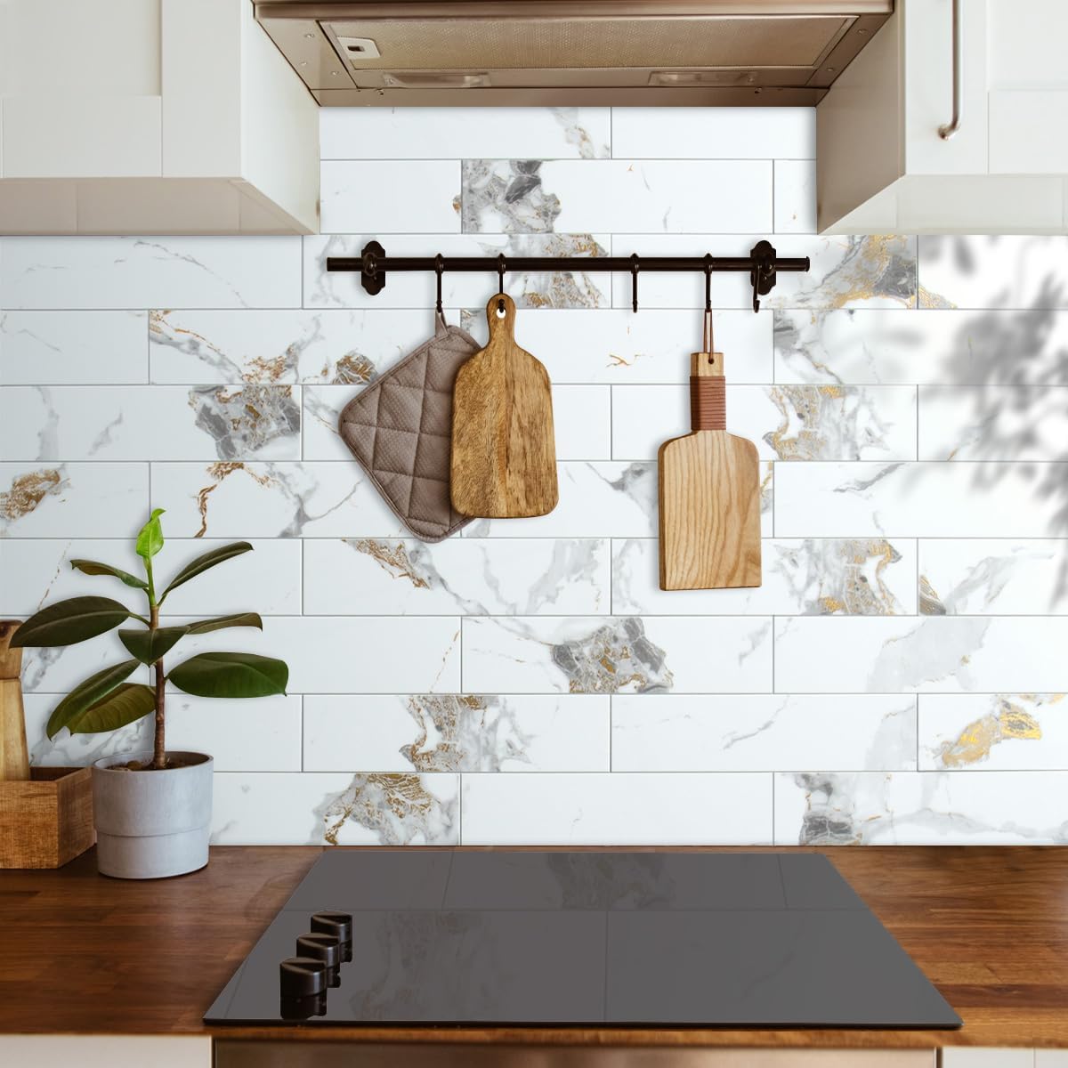 AULIGET 40-Piece Polished White Marble with Gold Peel and Stick Backsplash Wall Tiles, 3" x 12" PVC Faux Stone Stick on Tiles for Backsplash Kitchen, Bathroom, Laundry Room, Camper, Fireplace