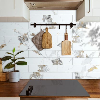 AULIGET 40-Piece Polished White Marble with Gold Peel and Stick Backsplash Wall Tiles, 3" x 12" PVC Faux Stone Stick on Tiles for Backsplash Kitchen, Bathroom, Laundry Room, Camper, Fireplace