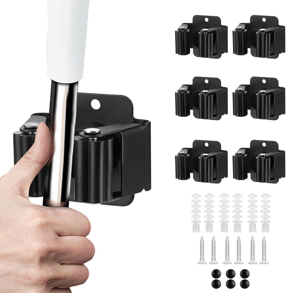 JAMEND CLXP 24PCS Broom and Mop Holder, Heavy Duty Garden Tool Organizer Rack Rake and Shovel Handle, Stainless Steel Mop Hanger. Wall Mounted with Screws.Matte Black
