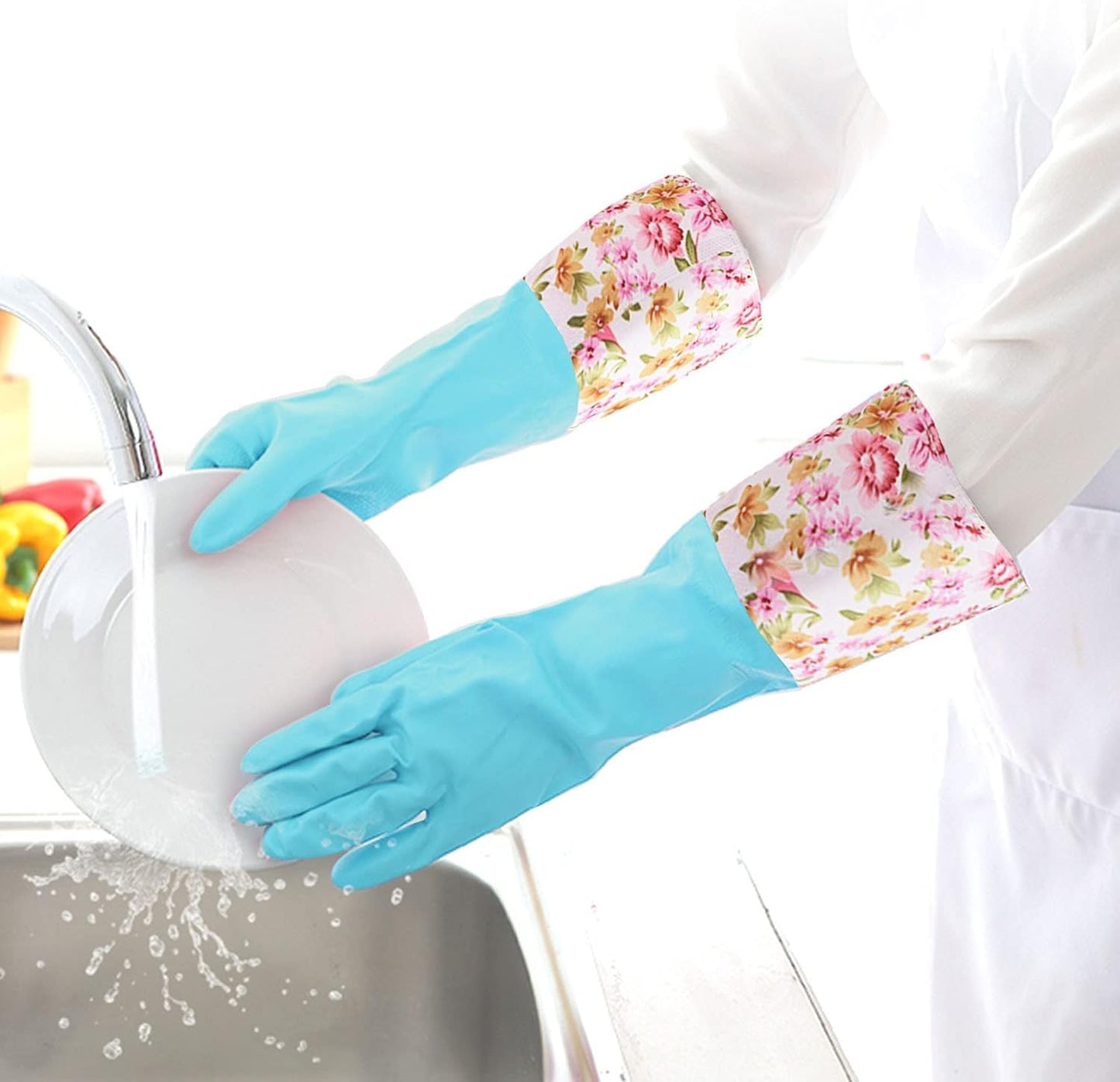 KINGFINGER Rubber Cleaning Gloves, 3 Pairs Reusable Latex-Free Dishwashing Gloves, Dish Glove with Flocked Cotton Liner, Long Cuff, Kitchen Household Glove, Medium (Blue, White, Pink)