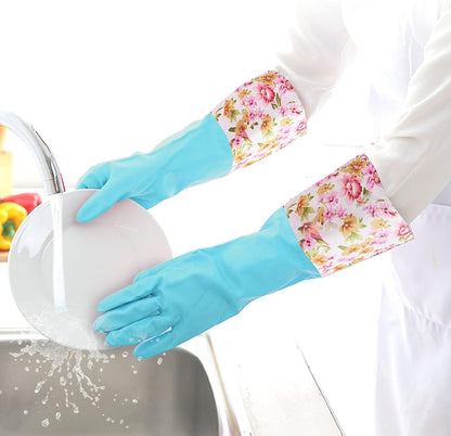KINGFINGER Rubber Cleaning Gloves, 3 Pairs Reusable Latex-Free Dishwashing Gloves, Dish Glove with Flocked Cotton Liner, Long Cuff, Kitchen Household Glove, Medium (Blue, White, Pink)