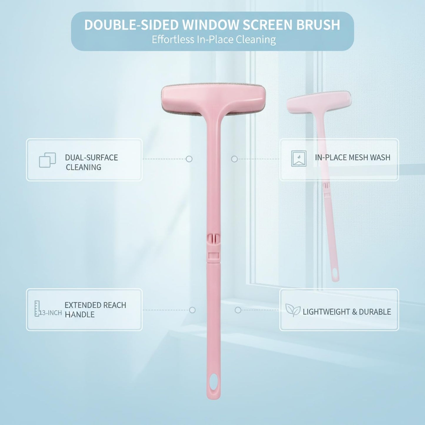 Window Screen Cleaning Brush, Double-Sided Mesh Tool with 13-Inch Handle for in-Place Maintenance, PP Plastic