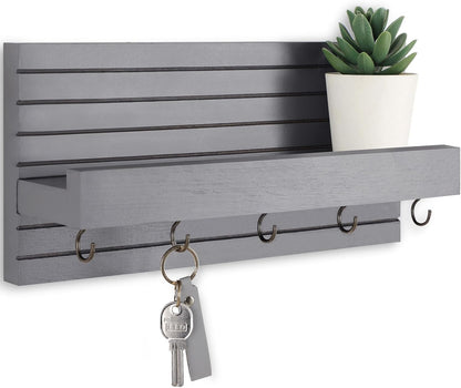 Lwenki Decorative Key Holder for Wall with Shelf, Entryway Shelf with Hooks Holds Leashes, Jackets and Glasses – Sturdy Wood Keyholder Entrance Hanger with Mounting Hardware (Black, Medium)