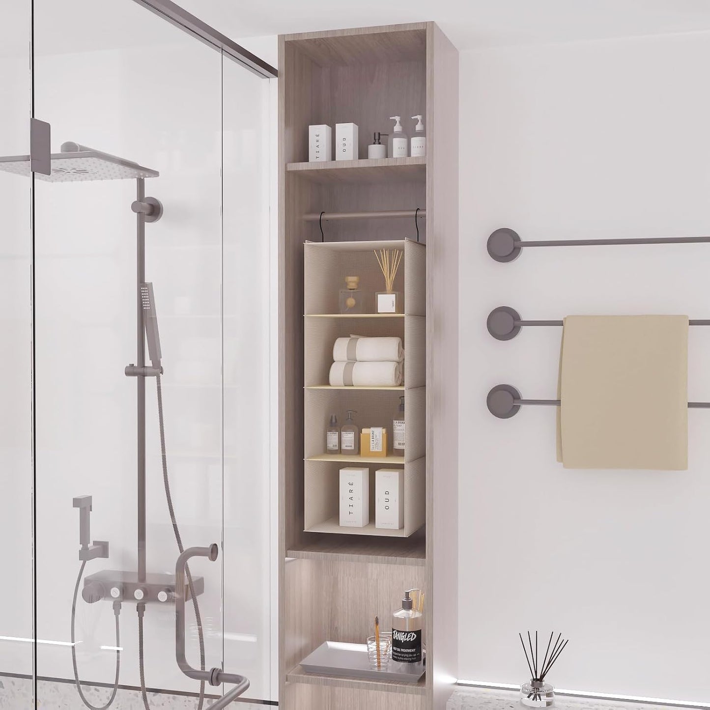 Hanging Closet Organizer 3-Shelf, Oxford Fabric Wardrobe Storage, Gray | Easy-mount foldable design holds clothes, handbags, shoes & accessories; washable Oxford fabric, sturdy and space-saving.